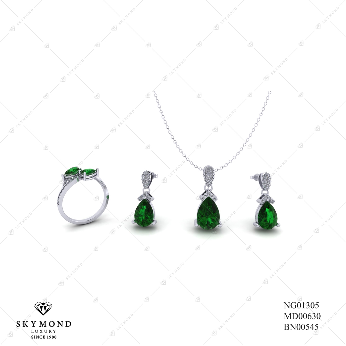 BỘ TRANG SỨC VÀNG TRẮNG GẮN ĐẤ EMERALD BN00545