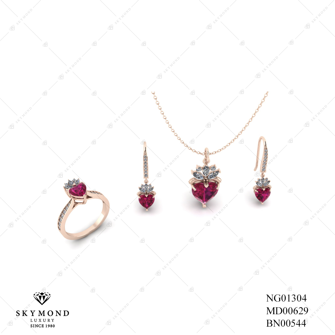 BỘ TRANG SỨC VÀNG HỒNG GẮN ĐÁ RUBY BN00544