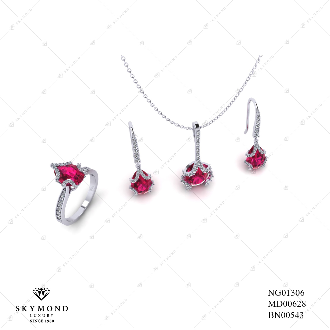 BỘ TRANG SỨC VÀNG TRẮNG GẮN ĐÁ RUBY BN00543