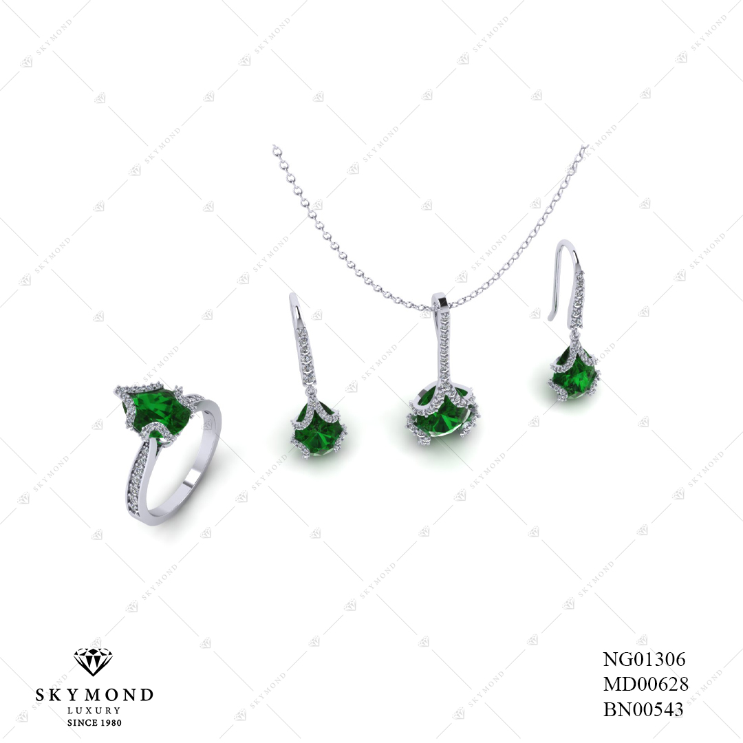 BỘ TRANG SỨC VÀNG TRẮNG GẮN ĐẤ EMERALD BN00543