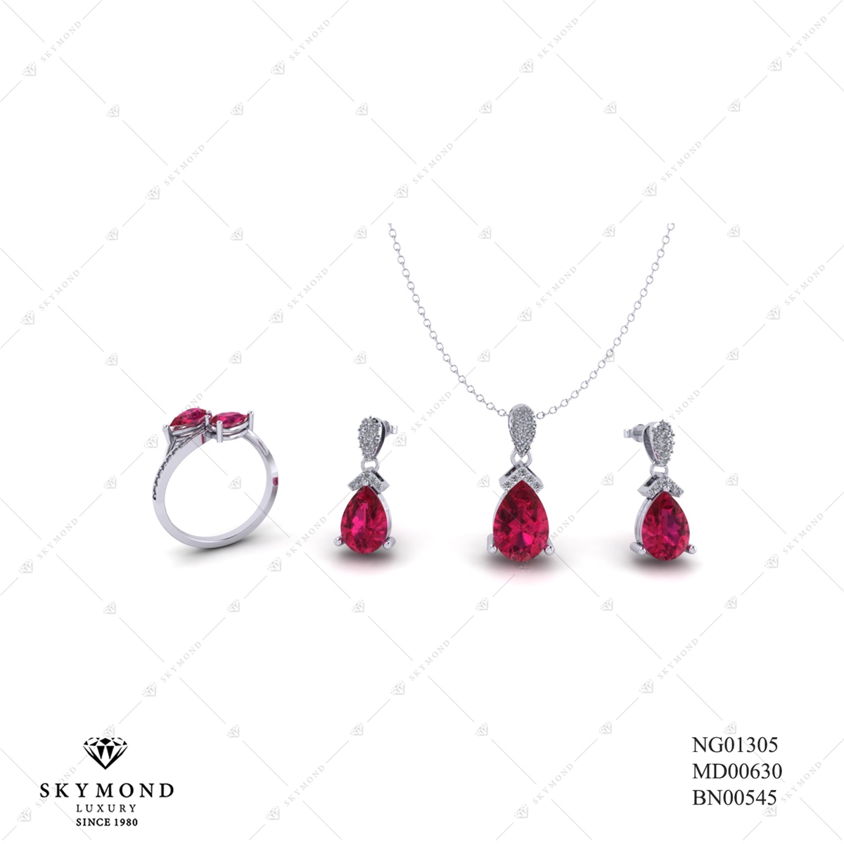 BỘ TRANG SỨC VÀNG TRẮNG GẮN ĐẤ RUBY BN00545