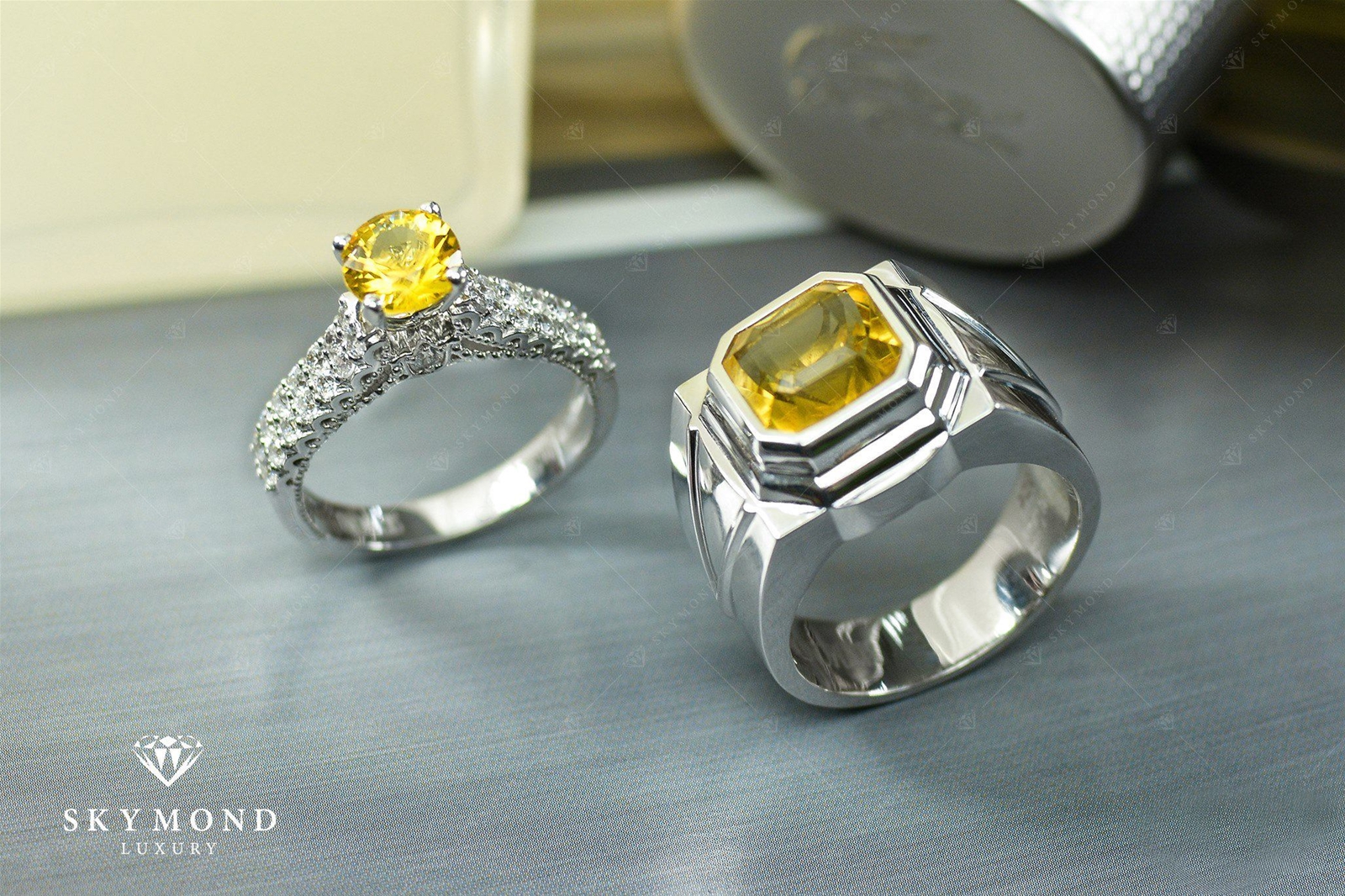 Nhẫn cặp Platin gắn đá quý Citrine vàng