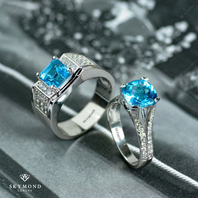 cặp nhẫn nam và nữ cùng gắn đá Topaz